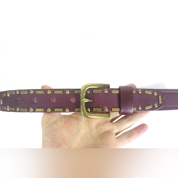 Deep Red Maroon Leather Belt with Brass Studs and Buckle 37 38 39 40 41 Large L - Picture 6 of 10
